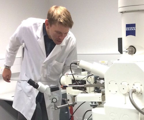 Dr Ray Wightman loads a biological sample via the Quorum PP3010T Cryo-SEM preparation system
