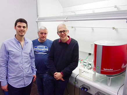Professor Patrick Giraudeau (right) with his PhD student, now Dr Boris Gouilleux (left) and engineer Benoît Charrier with their Magritek Spinsolve benchtop NMR spectrometer