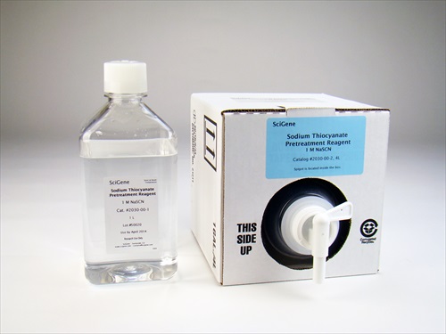 SciGene today introduced its new Sodium Thiocyanate Pretreatment Reagent, a convenient 1M liquid formulation of NaSCN for pre-treating tissue samples prior to application of nucleic acid probes for cytogenetic assays.   The product is available in a 1 L bottle for Coplin jars or staining dishes and a 4 L container with flow control spout for filling baths on the Little Dipper Processor and VP 2000 instruments. No dilution is required and the reagent can be stored at room temperature.  The product joins an expanding line of FISH slide processing products from SciGene including FISH Wash Buffers, CytoZyme Stabilized Pepsin and CytoBond Removable Coverslip Sealant.