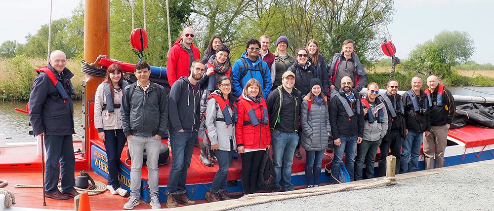 Professor Rob Field (far right) and the John Innes team enjoy a day sailing the Broads in a traditional Norfolk wherry